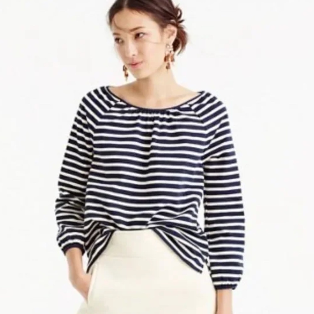 J.Crew Blue and White Striped Peasant Top Tie Back